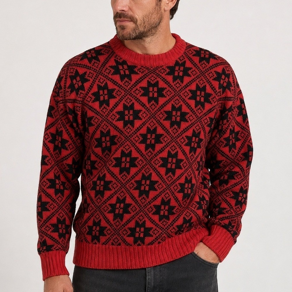 Vtg GAP Sweater Mens S Red Black Wool Geometric Fair Isle 90s Ski Heavyweight